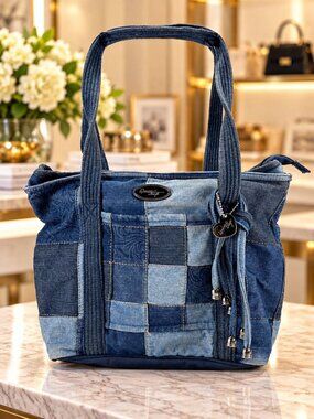 Donna Sharp Denim Patchwork Tote Bag Blue Jean Quilted Shoulder Purse Boho Y2K